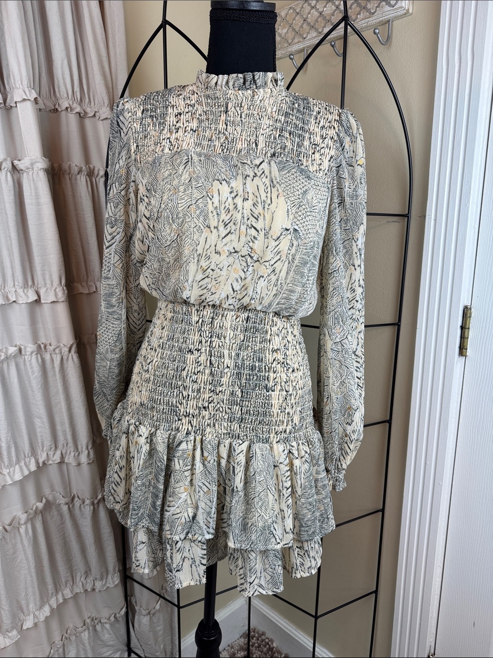 Aqua Cream and Gray Smocked Mini Dress Size XS